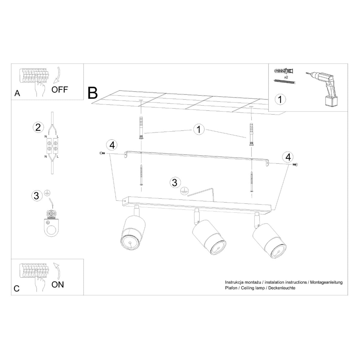 NERO 3 plafondlamp zwart met chroom