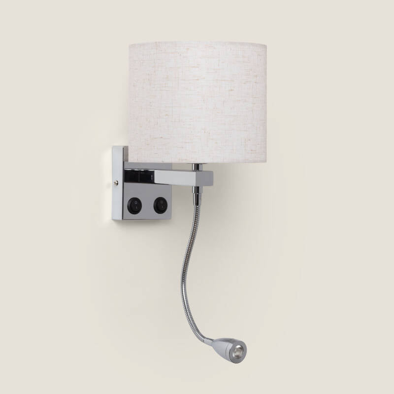 Wandlamp Torvaro met linnen kap op chroom metaal en leeslamp