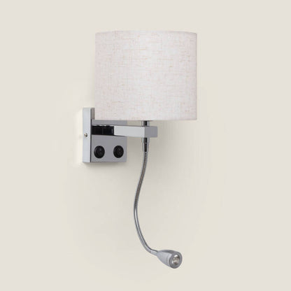 Wandlamp Torvaro met linnen kap op chroom metaal en leeslamp