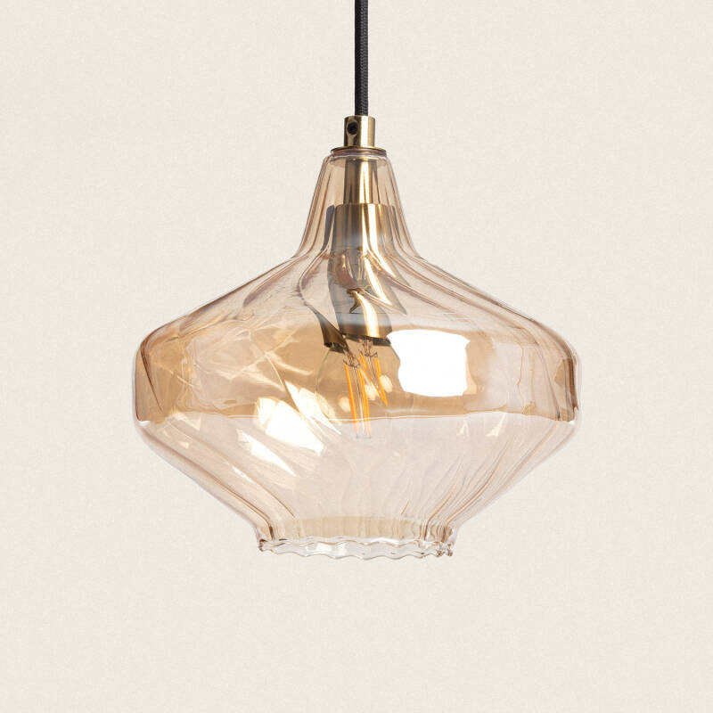 Hanglamp Halvaro met amberkleurige ribbelglazen kap