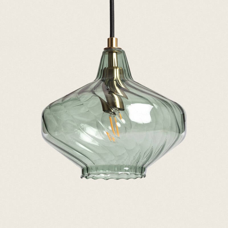 Hanglamp Halvaro met olijfgroene ribbelglazen kap