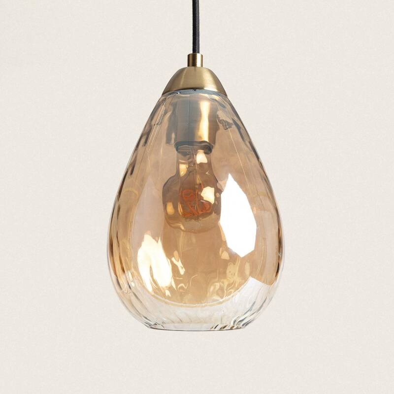 Hanglamp Selkaro met amberkleurige glazen kap in druppelvorm