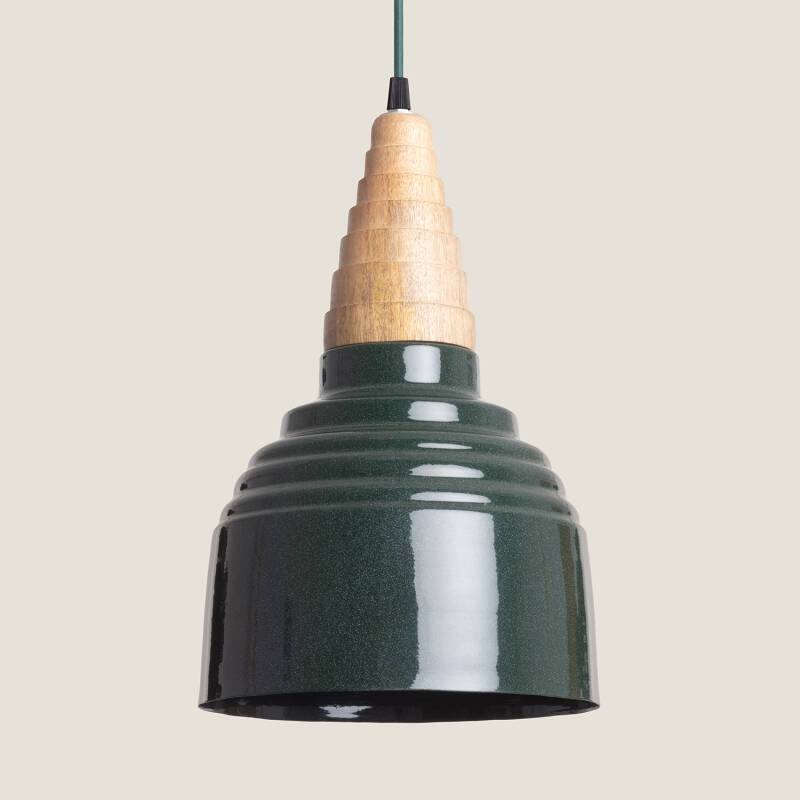 Hanglamp Zaltaro met groene metalen kap en houten detail