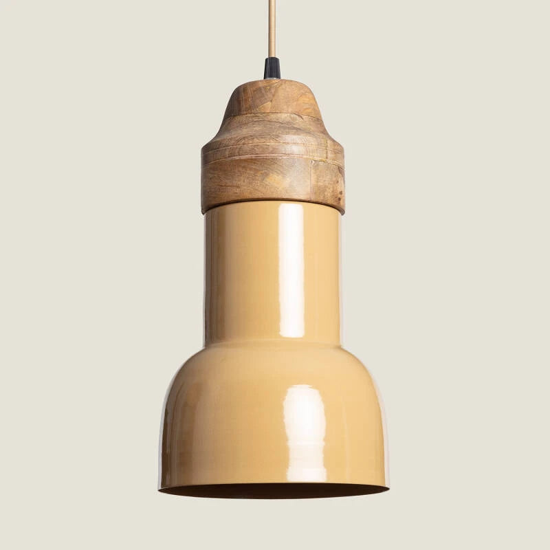 URNARO gele hanglamp van hout en metaal