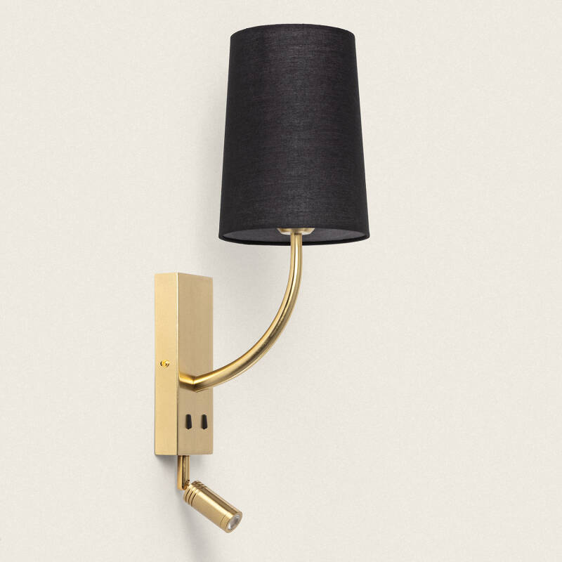 Wandlamp Renavo in zwart met stoffen kap en aparte leeslamp