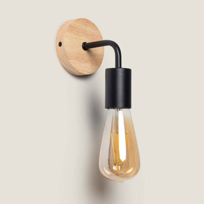 Wandlamp Sintaro in zwart metaal met houten drager