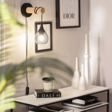 Wandlamp Ostrano zwart, metaal en hout (afbeelding 3)