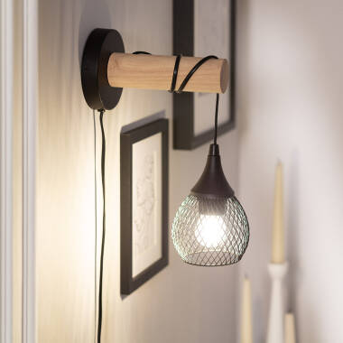 Wandlamp Ostrano zwart, metaal en hout (afbeelding 2)