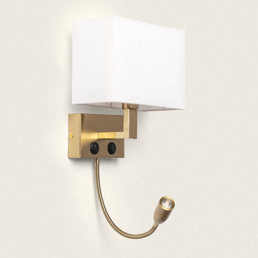 Wandlamp Wortano in messingkleur met stoffen kap en leeslamp