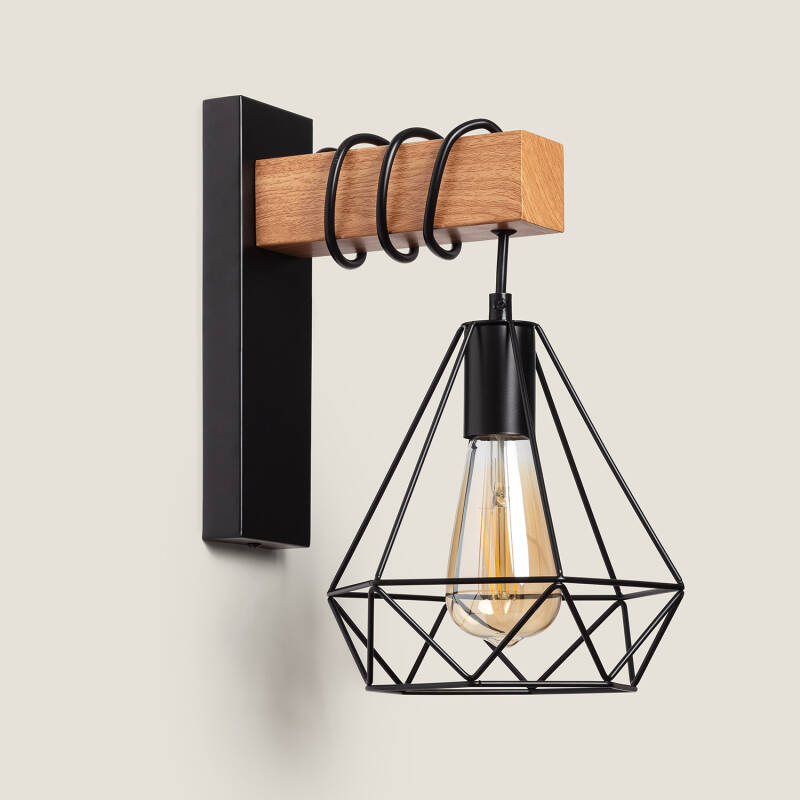 Wandlamp Oltravo in zwart ijzer met hout, industriële stijl