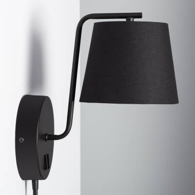 Wandlamp Wildaro in zwart metaal en stof, vooraanzicht
