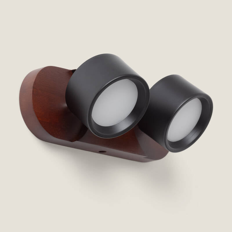 Zwarte wandlamp Fostaro van hout en metaal met twee LED spots