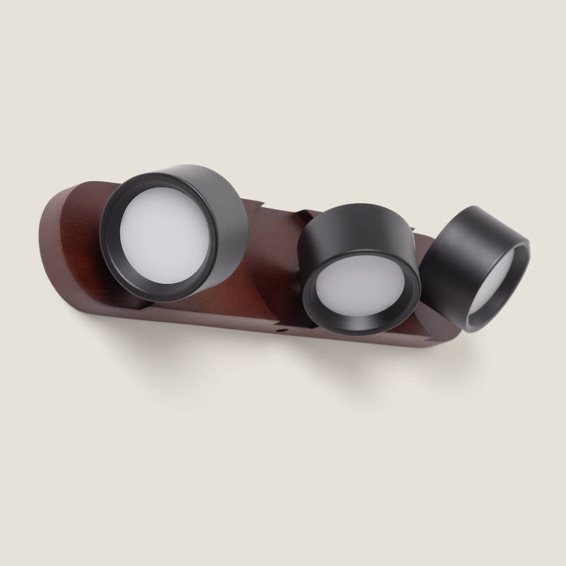 Zwarte wandlamp Hondavo van hout en metaal met drie LED spots