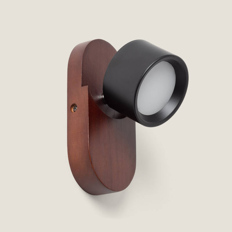 Wandlamp Gestivo in mat zwart met houten basis en richtbare LED spot