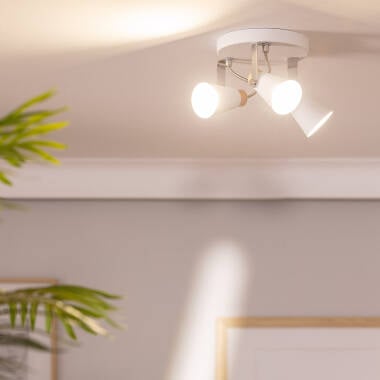 PESTARO ronde plafondlamp van metaal en hout met drie spots in wit, foto 3