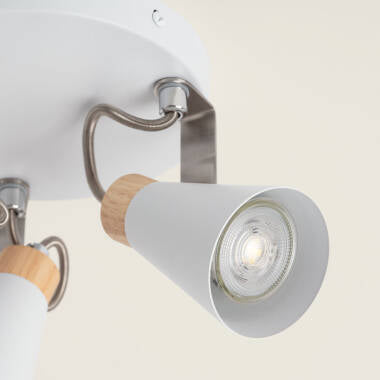 PESTARO ronde plafondlamp van metaal en hout met drie spots in wit, foto 4