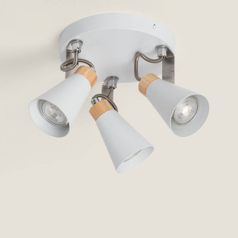 PESTARO ronde plafondlamp van metaal en hout met drie spots in wit
