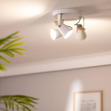 PESTARO ronde plafondlamp van metaal en hout met drie spots in wit, foto 2