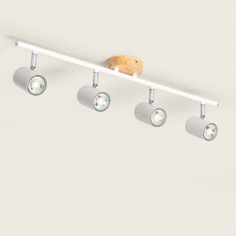 CERNARO plafondlamp met vier richtbare spots van hout en metaal in wit