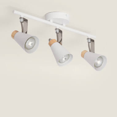 YURSARO richtbare plafondlamp van metaal en hout met drie spots in wit, foto 6