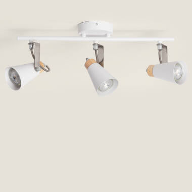 YURSARO richtbare plafondlamp van metaal en hout met drie spots in wit, foto 4