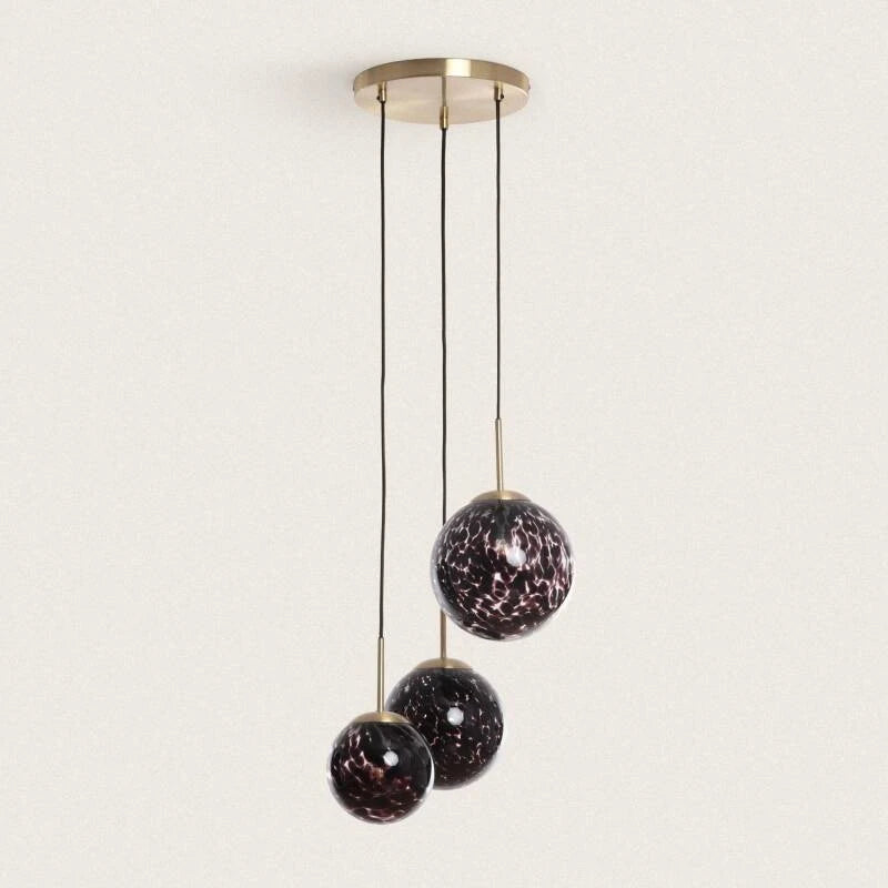 TESKARO hanglamp in goud met drie bedrukte glazen bollen