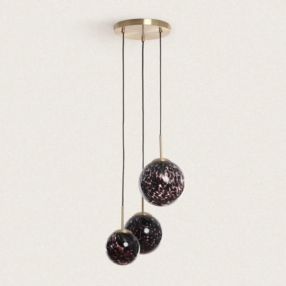 TESKARO hanglamp in goud met drie bedrukte glazen bollen