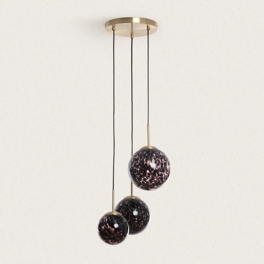 TESKARO hanglamp in goud met drie bedrukte glazen bollen
