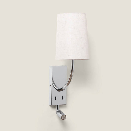 Wandlamp Pravano in chroom met linnen kap en leeslampje